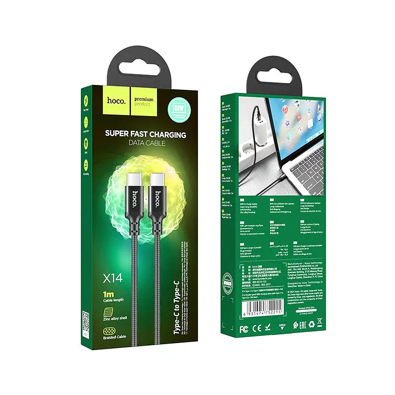 Кабель HOCO X14 Type-C to Type-C 60W, 1m, nylon, aluminum connectors, чорний - фото 3