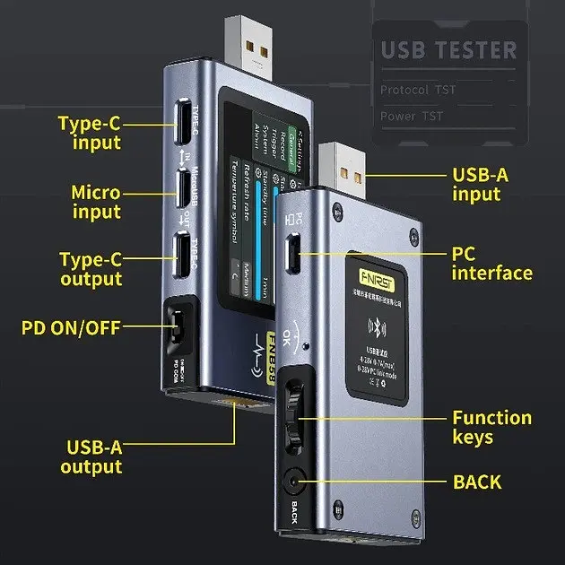Тестер USB для зарядних пристроїв FNIRSI FNB58 з Bluetooth сріблястий - фото 7