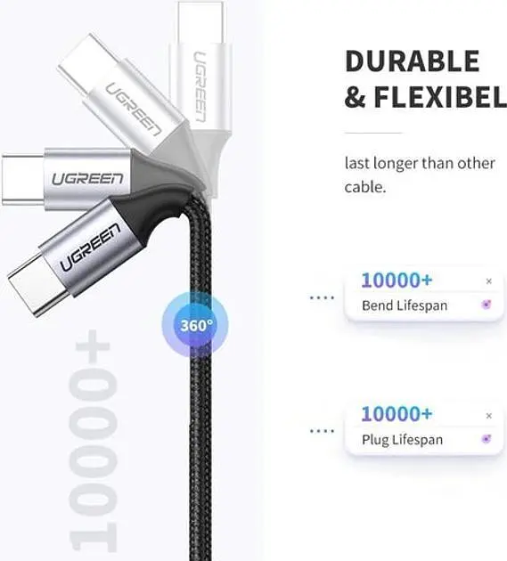 Кабель синхронізації Ugreen US261 Type-C - Type-C 3A Cable Aluminum Braid 1 м Black (50150) - фото 6