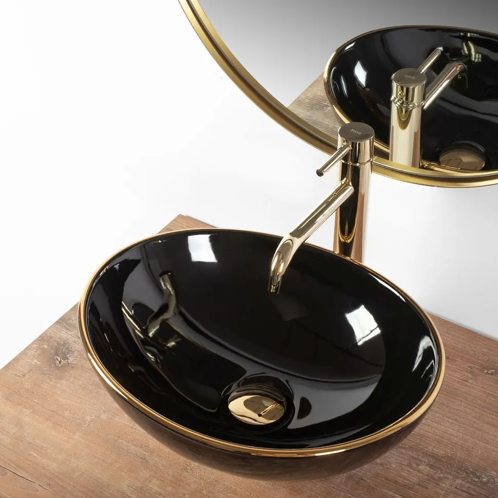 Умивальник Rea Sofia 41x34,5 black gold edge (REA-U3695), Глянцева - фото 3