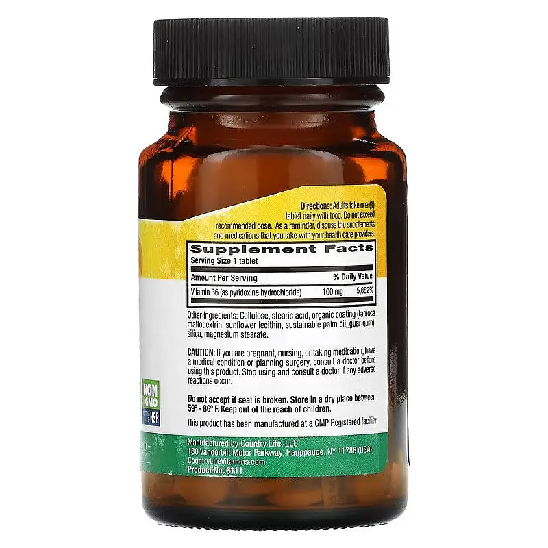 Хелатний вітамін B6 Country Life Vitamin B6 100 mg, 100 таблеток для підтримки нервової системи - фото 2