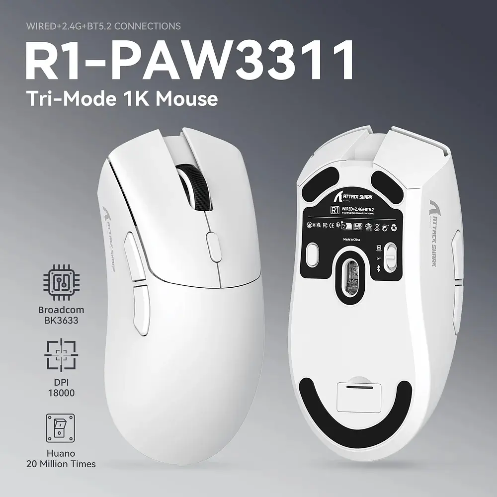 Мишка Attack Shark R1, Wireless/Bluetooth, 18000dpi, (PAW3311), 6кн., White - фото 4