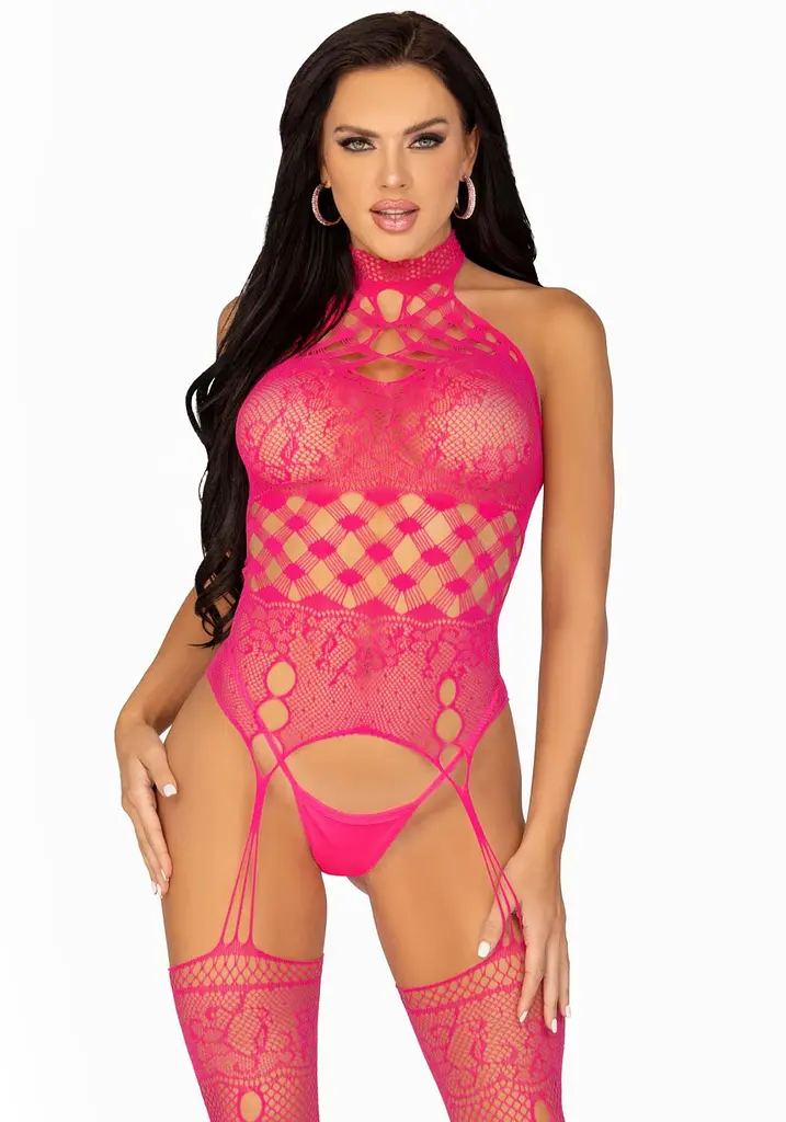 Мереживний бодістокінг з відкритим доступом Leg Avenue High neck lace bodystocking, One size