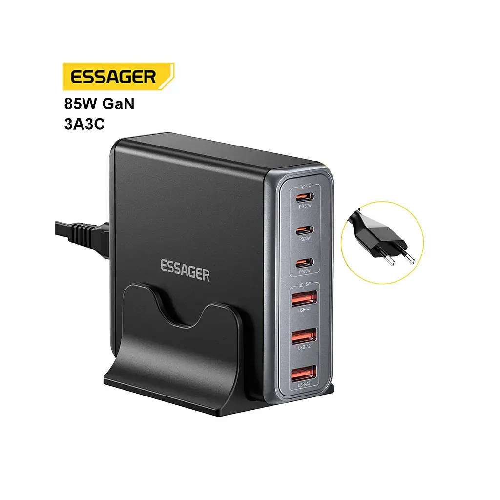 Зарядний пристрій Essager 3xUSB-C + 3xUSB-A 85W GaN black (EZC85W-SXB0G-Z) - фото 3