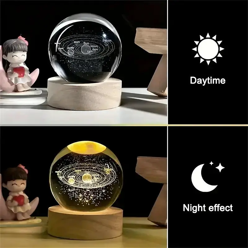 Декоративный 3D ночник Хрустальный шар + дерево LED светильник Солнечная система теплый свет 5V - фото 9