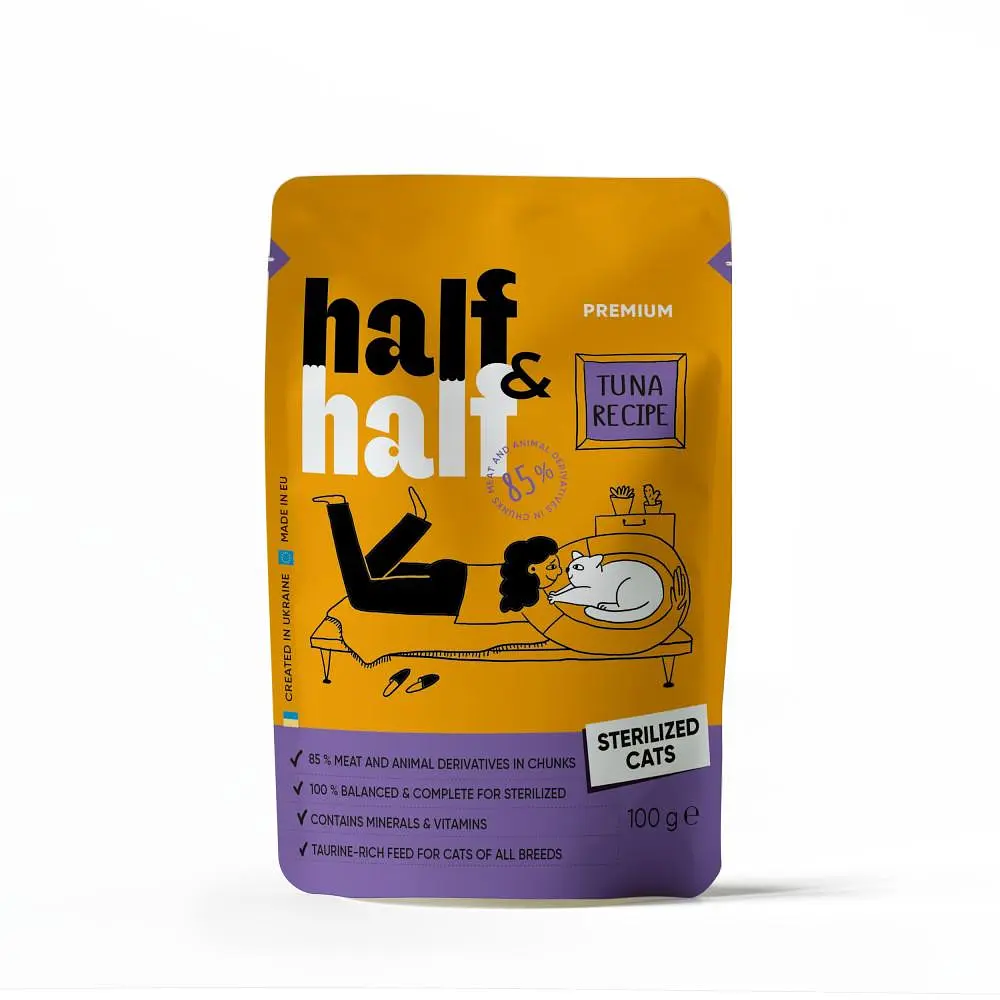 Корм вологий Half&Half для стерилізованих кішок, шматочки з тунцем у соусі, пауч 100 г (арт.20888)