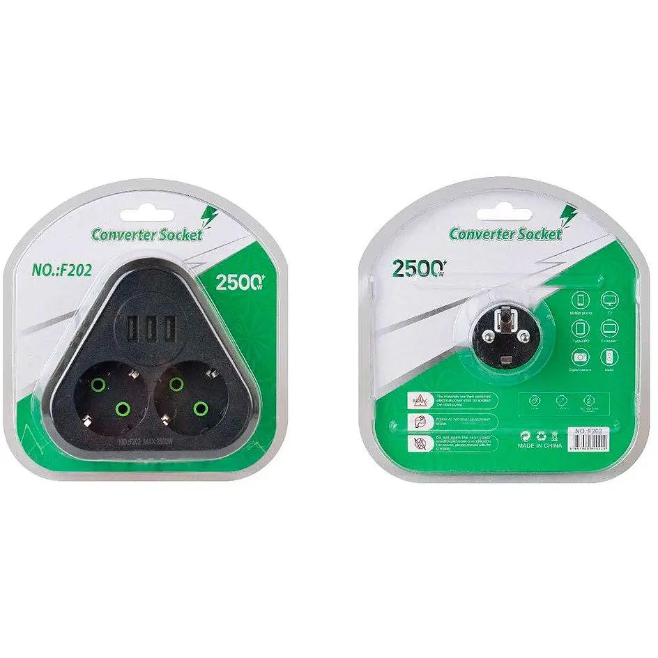 Розетка-подрібнювач із заземленням Voltronic F-202 Black, 2 розетки+3USB (1А), 2500W, 10A, 110-250V - фото 2