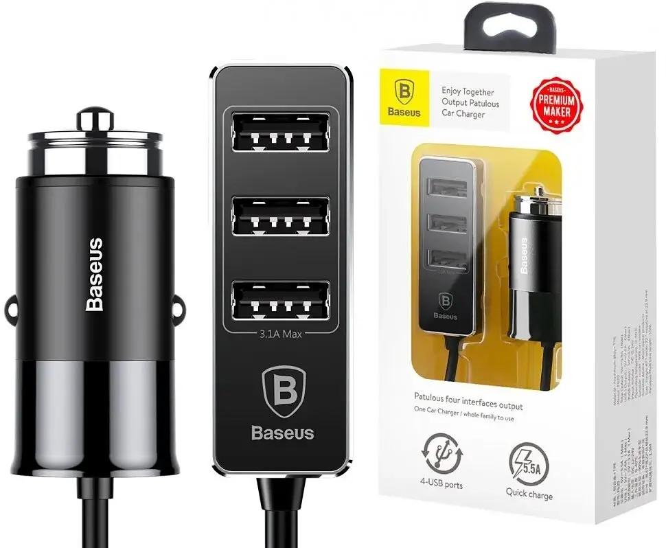 Адаптер автомобільний - розгалужувач на 4 виходи BASEUS Enjoy 4USB 5.5A CCTON-01 - фото 3
