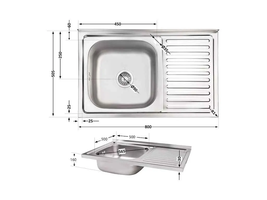 Мийка накладна Brinex 500х800х160мм 1 5080-L, Satin 0,6мм BRIN5080LSAT06 - фото 2