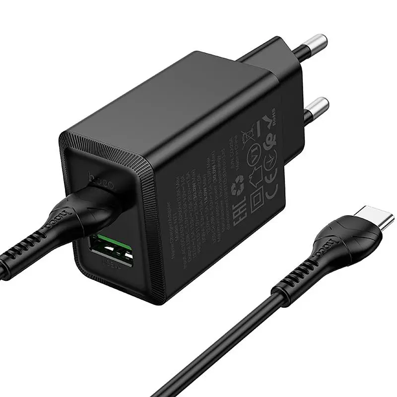 СЗУ Hoco N71 Nuevo PD30W+QC3.0 (1USB-A/1C) + кабель Type-C to Type-C Black - фото 4