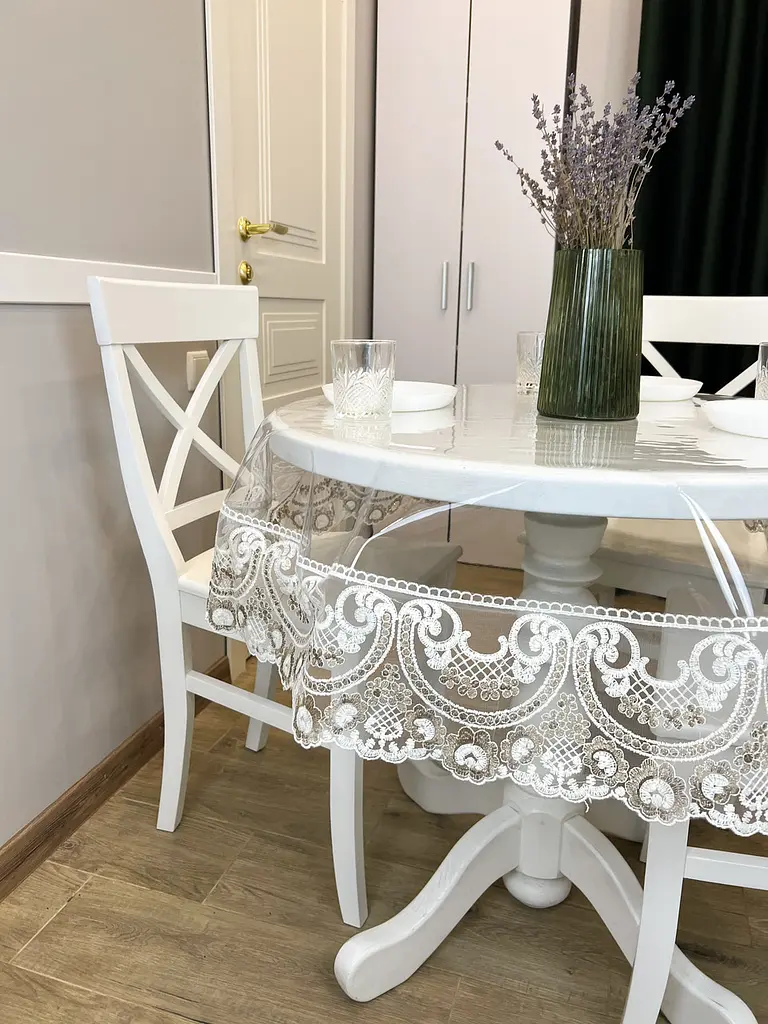 Силиконовая скатерть с бело-кофейным кружевом Арка 15см 360х120 см - фото 9