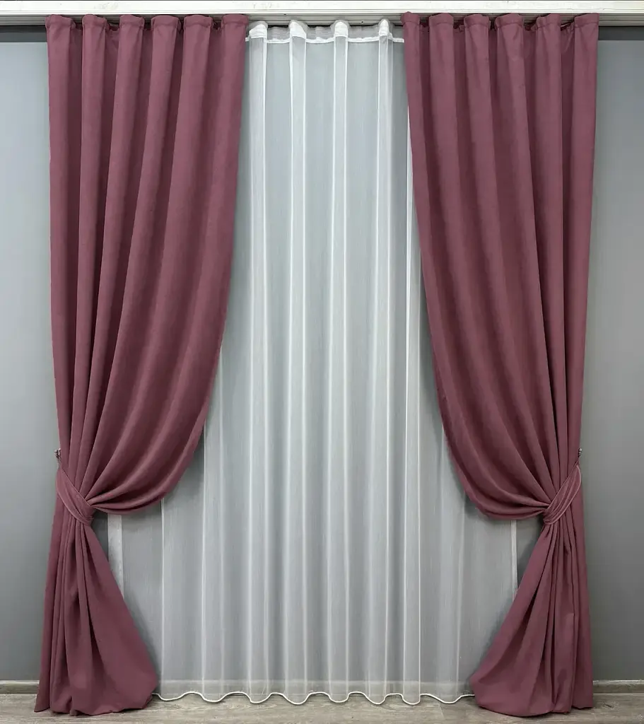 Комплект штор з тюлем VR-Textil Мікровелюр Petek, пурпурний з білим, 2 штори 150×270 см + тюль 600×270 см, арт. 71-034/5