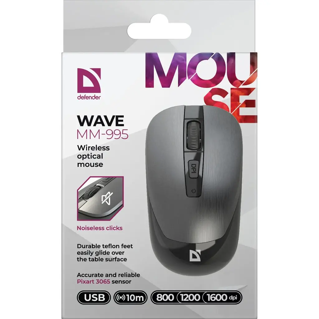 Компьютерная мышка Defender Wave MM-995 беспроводная 4 кн. до 1600 dpi бесшумная серая (52993) - фото 3
