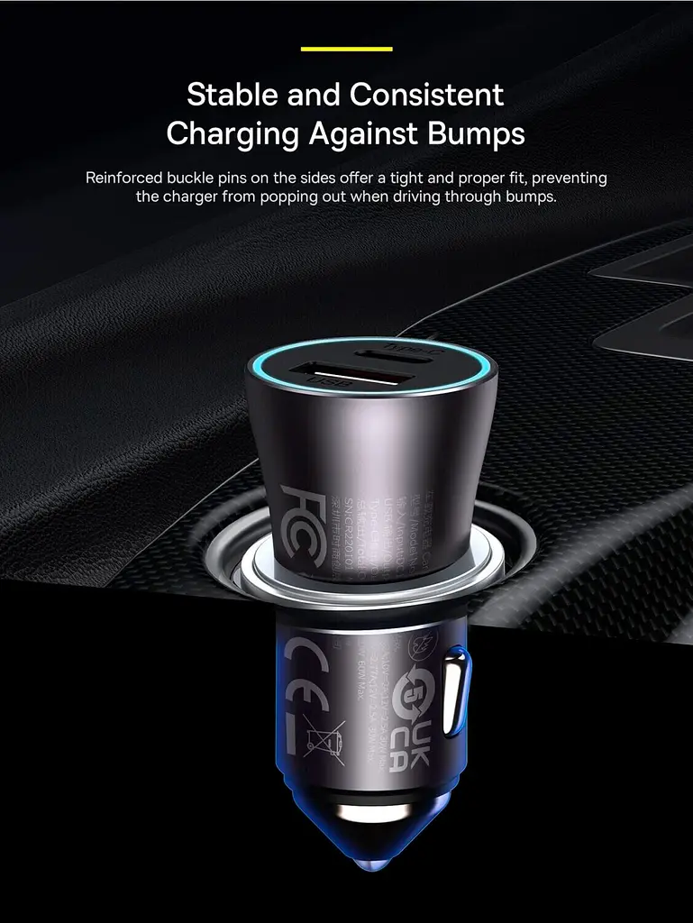 Автомобільний зарядний пристрій Baseus Golden Contactor Max Dual Fast Charger Car Charger U+C 60W Dark Gray (CGJM000113) [77942] - фото 10