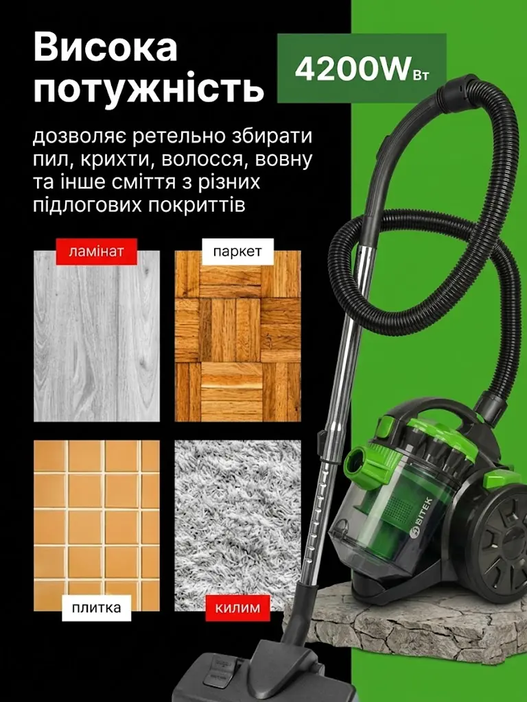 Пилосос вакуумний 4200Вт, пилосос з фільтром НЕРА, пилосос без мішка з контейнером з турбощіткой 3л, Зелений - фото 8