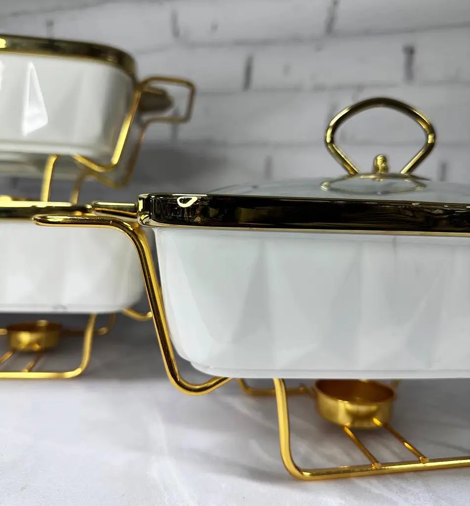 Набір з 3-х мармітів керамічних прямокутних Kitchen з кришкамискла Біло Золотий - фото 7