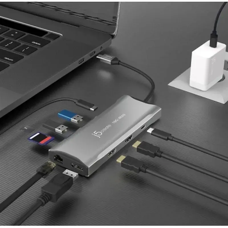 Концентратор J5create USB-C 9-in-1 2xUSB 3.2 + 2xUSB-C PD + 2xHDMI 4K + DisplayPort + SD/TF + RJ45 1000Mbps gray (JCD397-N) - фото 6