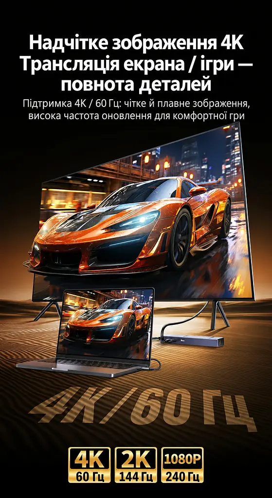 Док-станція UGREEN Revodok CM828 хаб підключення до комп’ютера USB-C 3.2 6 в 1 вихід HDMI 4K 60 Гц 2K 144 Гц 1080p 240 Гц 2 USB-A та 1 USB-C для даних до 10 Гбіт/с Ethernet RJ45 до 2,5 Гбіт/с вхід живлення USB-C PD 3.0 до 100 Вт для наскрізного заряджання для заряджання потрібні блок живлення USB-C PD і ноутбук із підтримкою заряджання через USB-C для Windows/macOS з підтримкою HDR зі світловим індикатором ребристий алюмінієвий корпус космічний сірий (55542) - фото 5