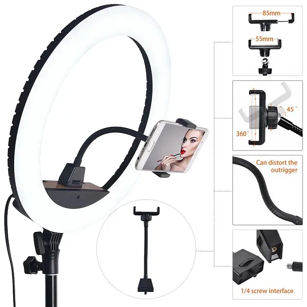 Кільцева LED лампа світлодіодна Ring Light ZB-R14 з тримачем для телефону селфі кільце блогера 35см 36Вт + штатив 2 м - фото 4