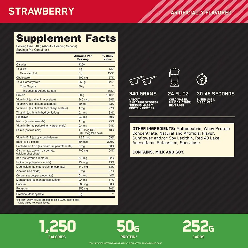 Гейнер Optimum Nutrition Serious Mass Strawberry 2.722 кг - фото 4