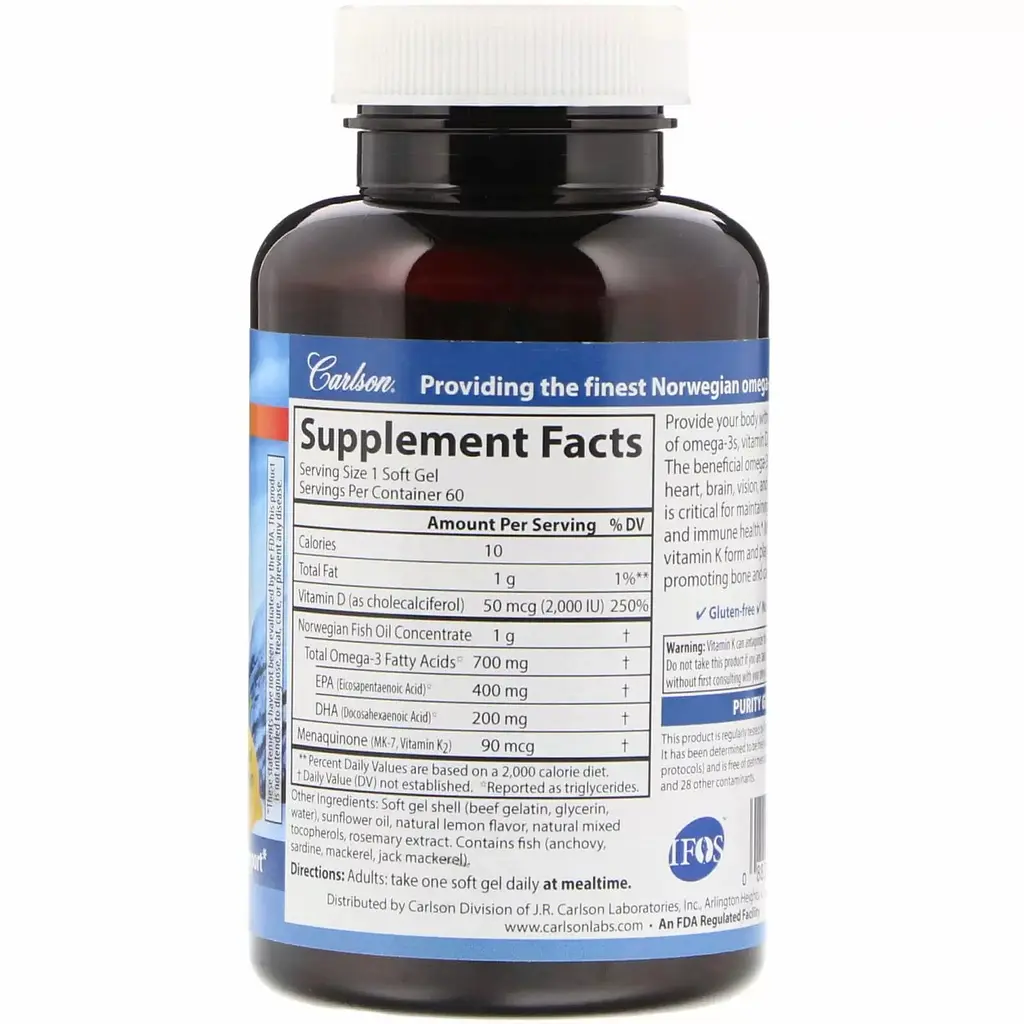 Омега-3 Плюс вітаміни Д3 та К Carlson Elite Omega-3 Plus D & K 60 гелевих капсул - фото 2