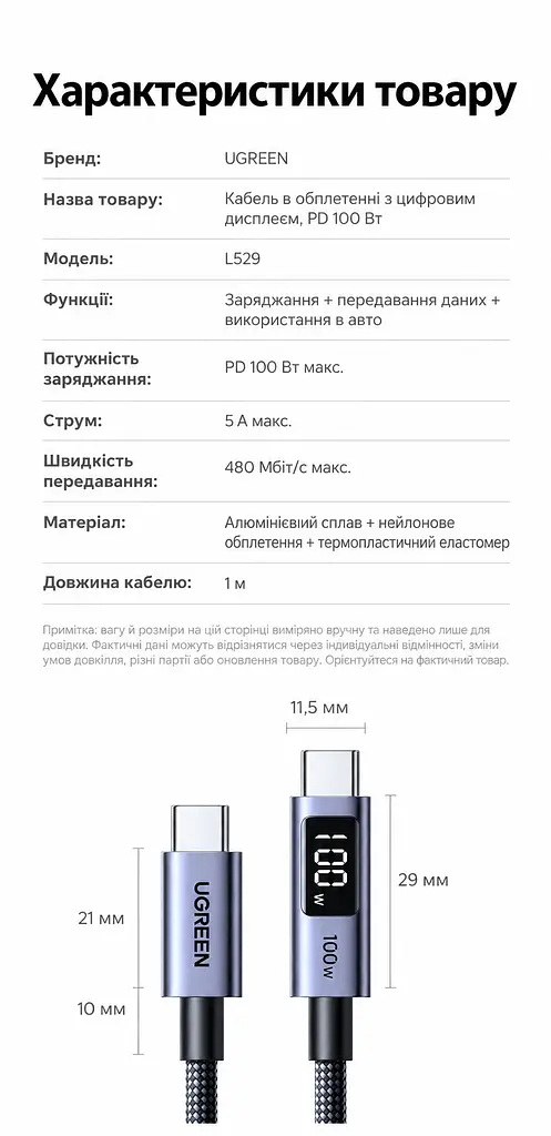 Кабель UGREEN L529 USB-C - USB-C PD 100 Вт з дисплеєм 1 м чорно-сірий (65862) - фото 2