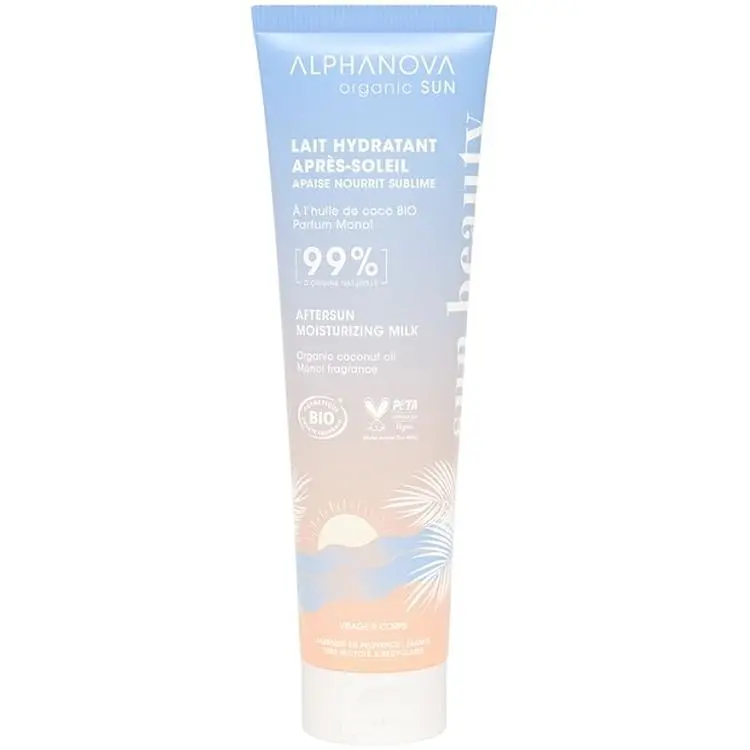 Молочко після засмаги для обличчя та тіла Alphanova Organic Sun органічне зволожуюче з ароматом моної 150 мл