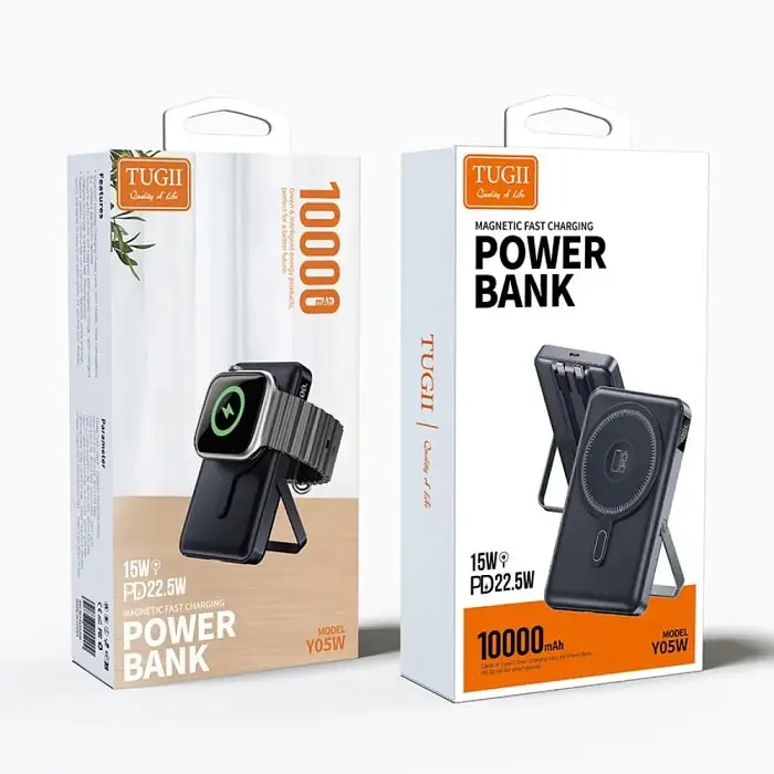 Зовнішній акумулятор Power Bank 3 в 1 на 10000 мА·год TUGII Y05W вбудовані кабелі Type-C + Lightning магніт та підставка 

 - фото 4