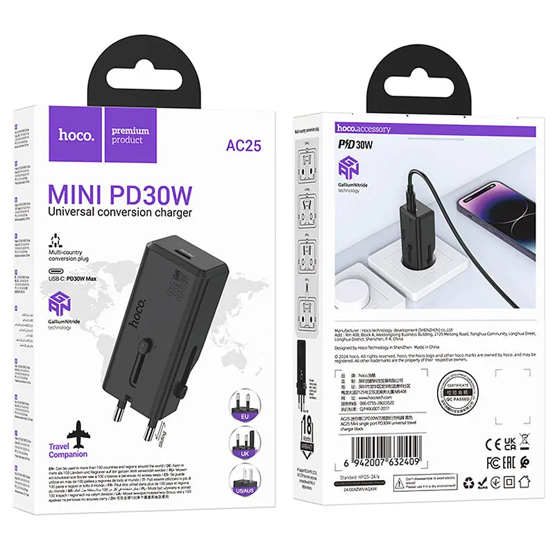 МЗП Hoco AC25 Mini PD30W (1USB-C) universal travel charger Black - фото 6