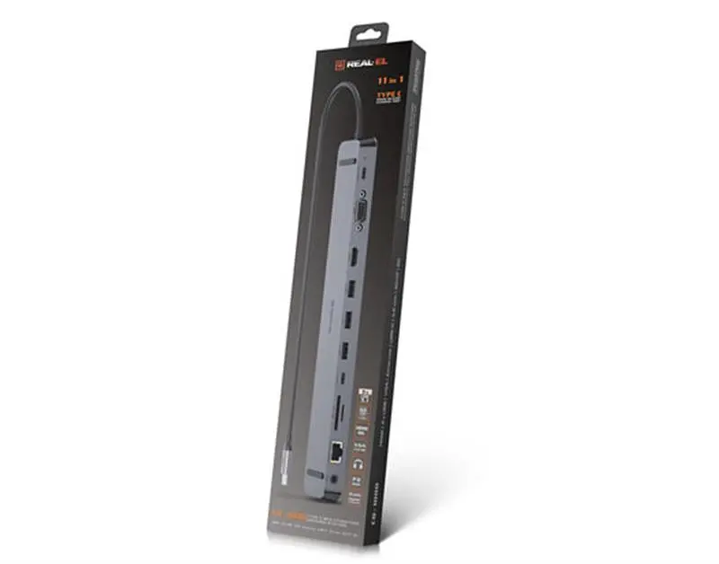Концентратор REAL-EL CQ-1000 USB3.0х3/USB-C/HDMI/VGA/RJ45/SD/TF/3.5mm audio, 0.4m, Space Grey - фото 6