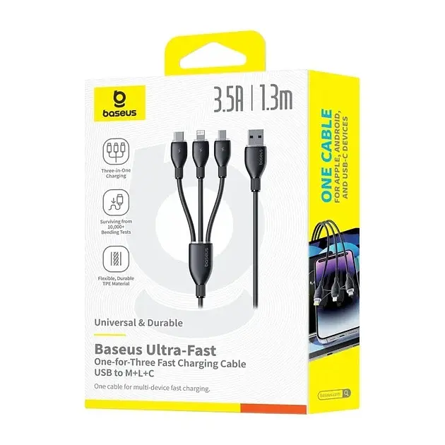 Кабель Baseus Ultra-Fast 3in1 Fast Charging Cable USB для MicroUSB+Lightning+Type-C 3.5A 0.8m P10376303121-01 Black - фото 8