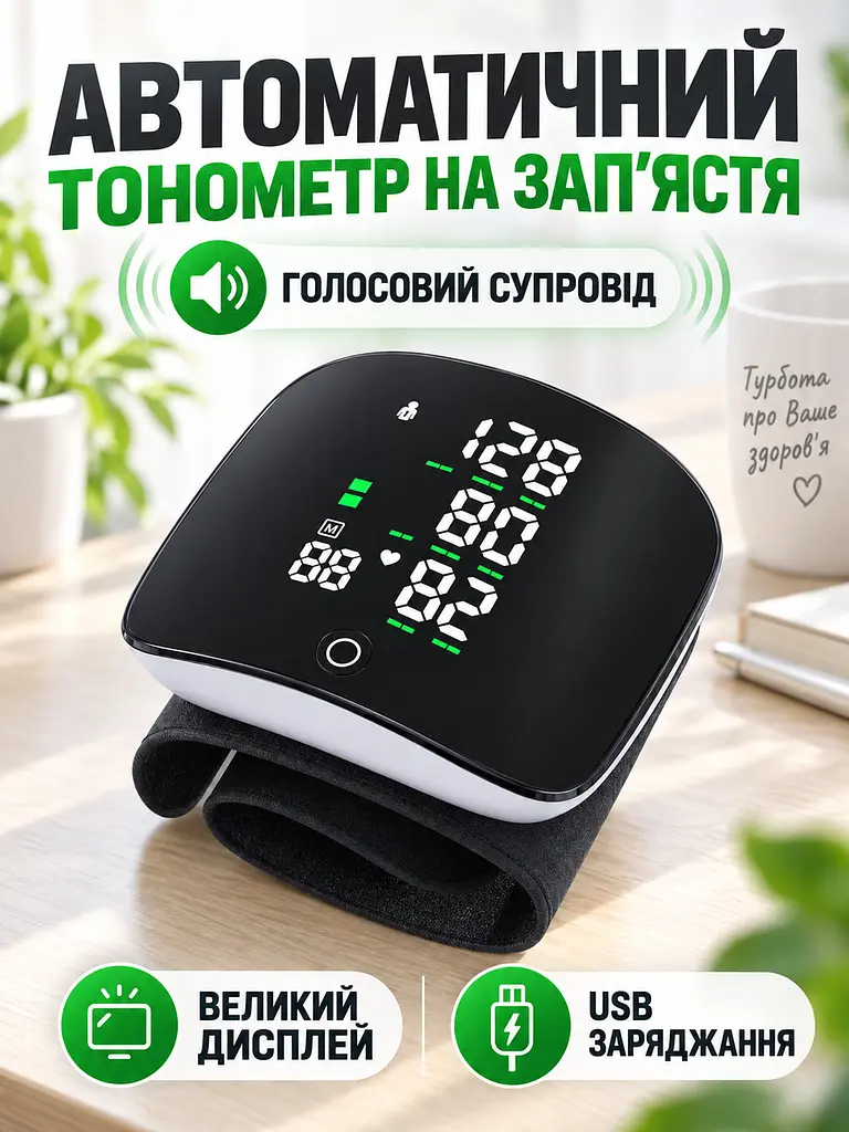 Тонометр на зап'ястя автоматичний з голосовим супроводом, вимірювання тиску та пульсу, USB, чорний (49676413) - фото 2