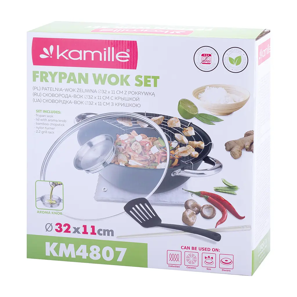 Казан чавунний WOK з антипригарним покриттям та аксесуарами для індукції та газу 4.5 літра Kamille KM-4807MR 87484 - фото 10