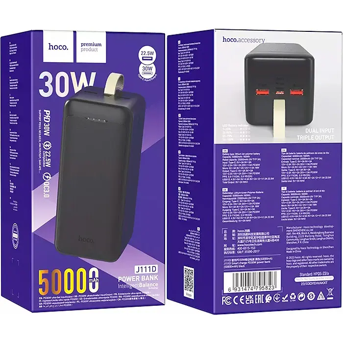 Зовнішній акумулятор Hoco J111D Smart Charge 50000mAh 30W Black [101149] - фото 5