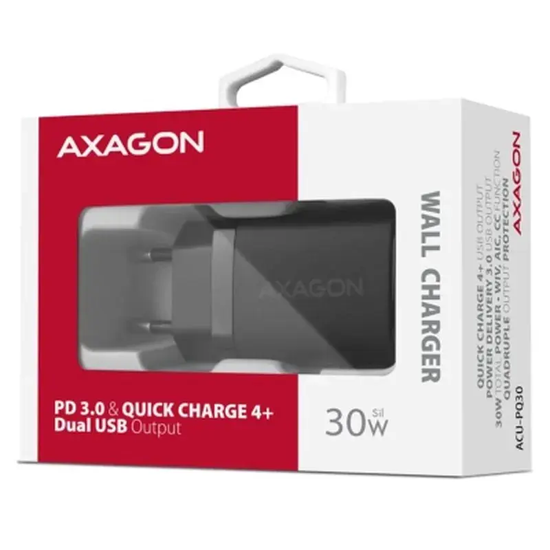 Зарядний пристрій AXAGON 1xUSB QC4.0 + 1xUSB-C PD30W PPS black (ACU-PQ30) - фото 2
