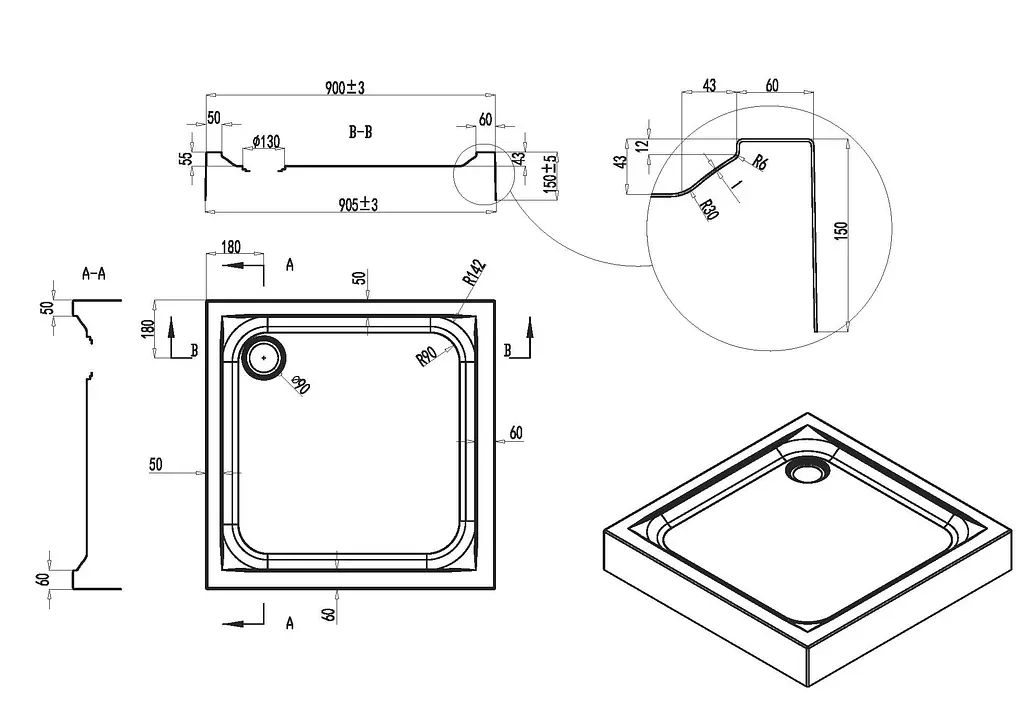 Душовий піддон Am.Pm Gem 90x90x15см квадратний з сифоном білий W90T-403-090W, Білий, білий - фото 4