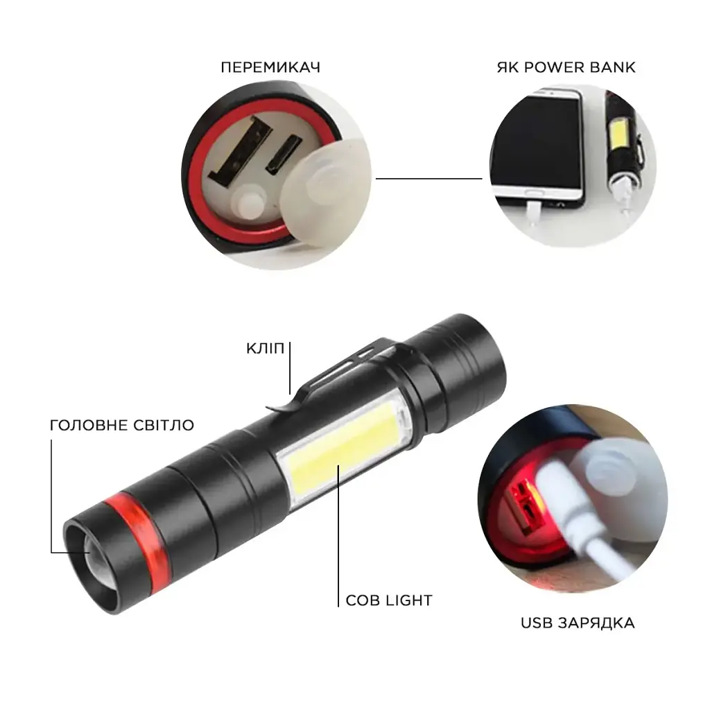 Ліхтар Quantum Assistant 3W LED+COB з USB з функцією Power Bank (QM-FL1030) - фото 3
