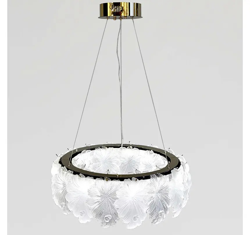 Золота світлодіодна люстра-квітка Artlight 7066-550GD з матовим рельєфним скляним листям 93W. - фото 3