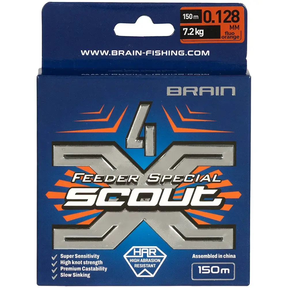 Шнур Brain Scout 4X 150 м (fluoro Orange) 0.128 мм 7.2 кг - фото 2
