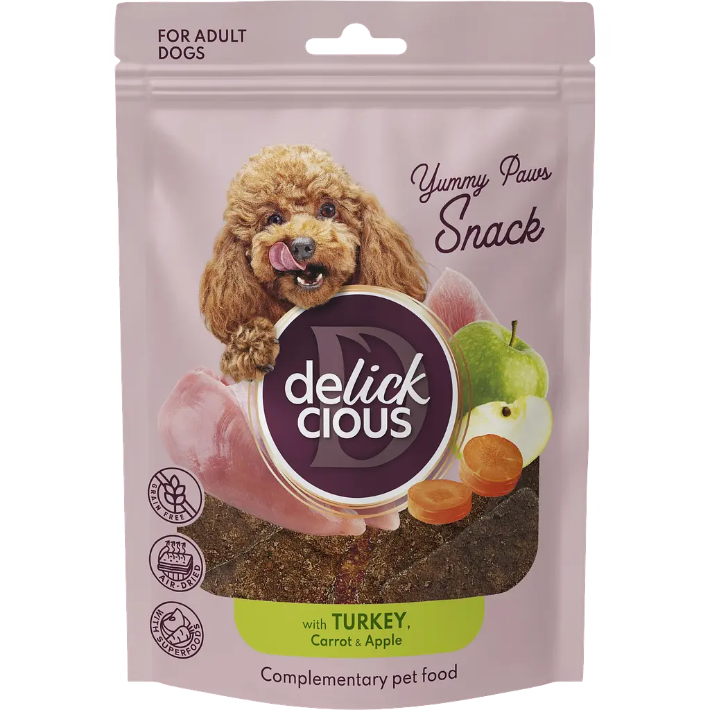 Сушені снеки Delickcious з індичкою, морквою і яблуком 80 г