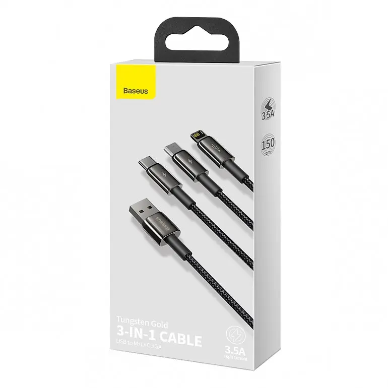 Кабель Baseus Tungsten Gold Cable USB to Type-C/Lightning/MicroUSB 3.5A 1.5m CAMLTWJ-01 Black - фото 7