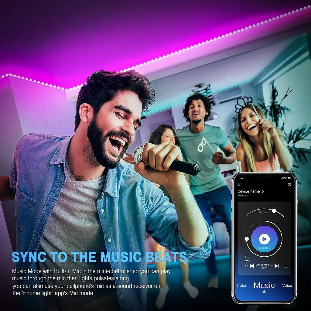 Світлодіодна стрічка Mexllex Led Strip Light 15M, Bluetooth APP і пульт дистанційного керування, Music Sync Changing Color RGB SMD - фото 4