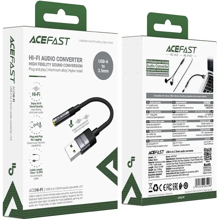 Перехідник USB-A 3.5 mm 15cm audio converter J13 Acefast чорний - фото 4