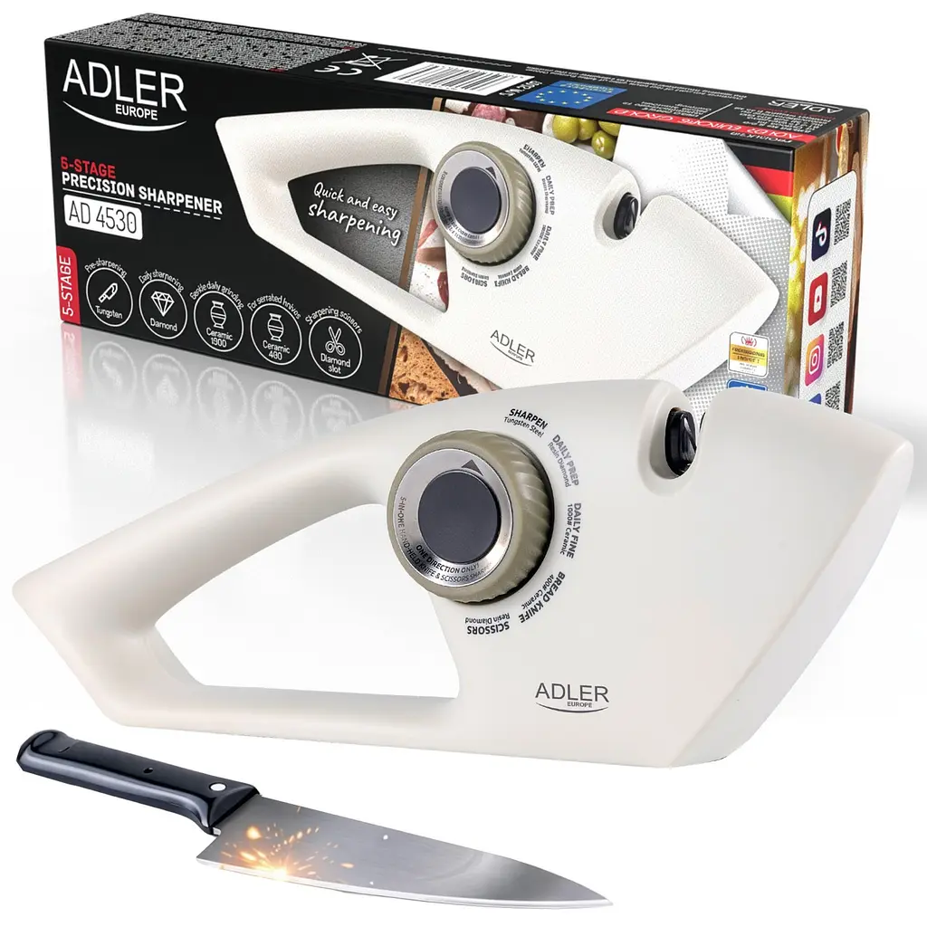 Точилка Adler AD 4530, 5-етапна, для ножів і ножиць, алмазна та керамічна, відновлює гостроту, для гладких і зубчастих ножів