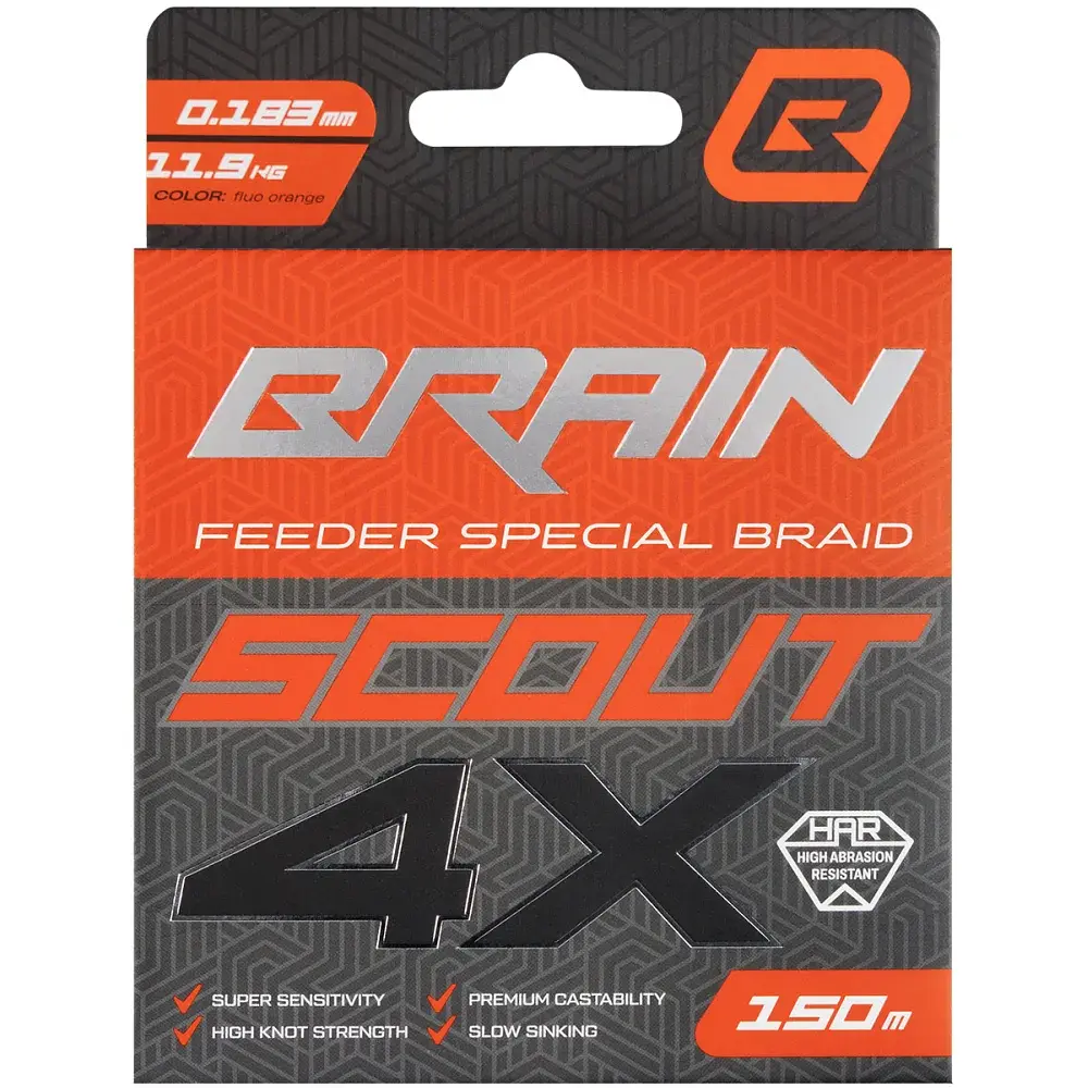 Шнур Brain Scout 4X 150m (fluoro Orange) 0.183mm 11.9kg - фото 2