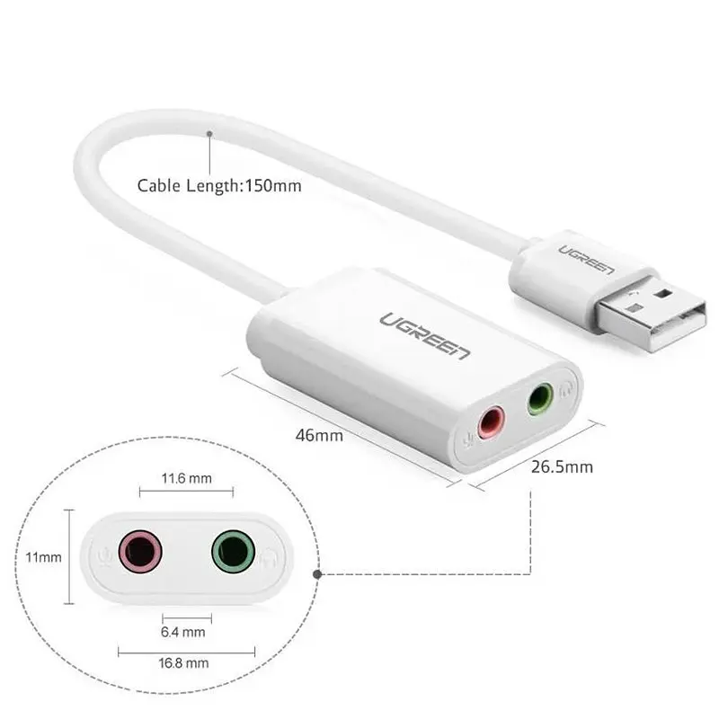 Звукова картка USB AUX jack, TRRS (Mic + Ear), ALC4042 15cm Ugreen Біла US205 - фото 4