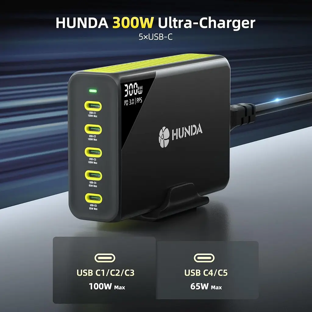 Потужний GaN зарядний пристрій HUNDA 300 Вт USB-C - фото 4