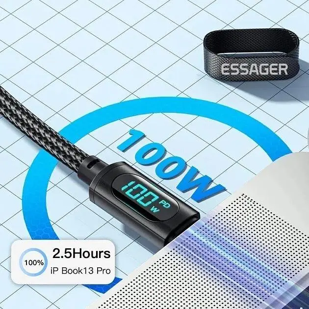 Кабель Essager Enjoy LED Digital Display USB Charging Cable Type C to Type C 100W 2 м Black (EXCTT1-XYA01-P) - фото 3