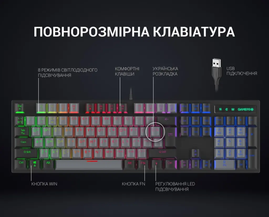 Клавиатура игровая механическая GamePro GPMK-105 Black USB Blue Switch - фото 7