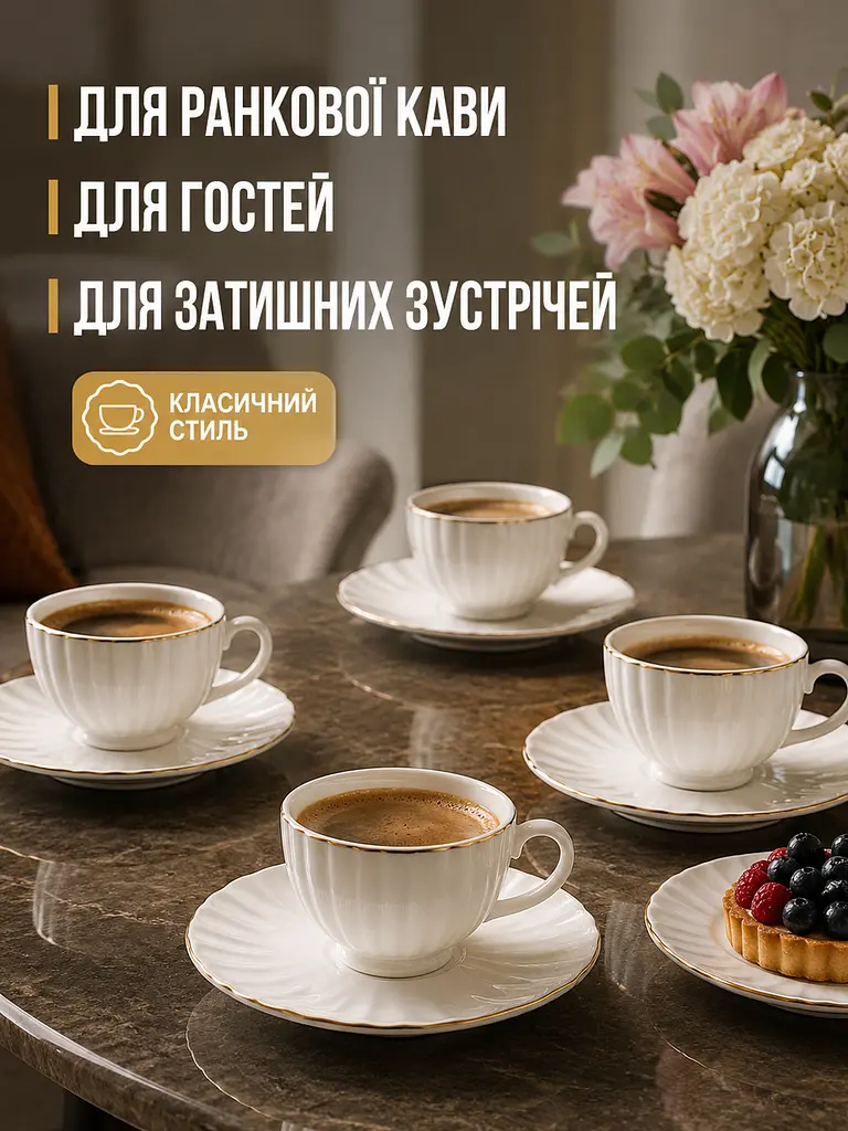 Порцеляновий кавовий набір на 6 персон, 12 предметів, чашки 100 мл із блюдцями 11 см (49676282) - фото 4